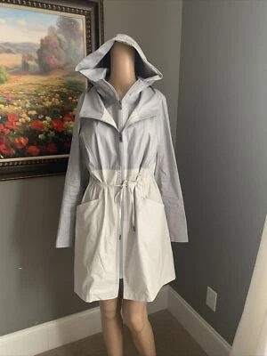  E3 by ETCETERA Sz 2 Coated Linen Raincoat Jacket Windbreaker Hooded Gray Cream - Image 1 of 4
