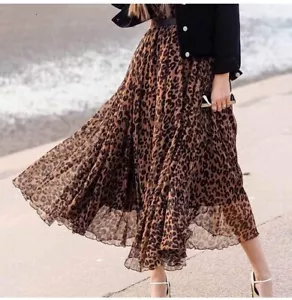 Leopard Print Chiffon Layer Skirt XL Lined Billowy Maxi MIDI Sexy Fun Elastic - Picture 1 of 9
