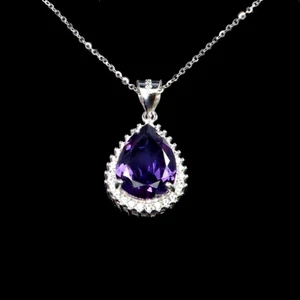 925 Argento Sterling Collana Pera Ametista 16x12mm Zircone Gemma Gioielli - Foto 1 di 13