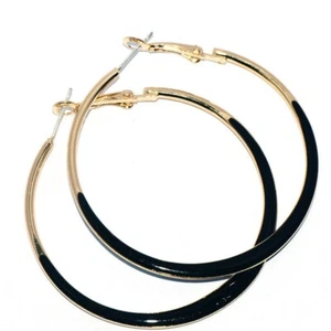 Awesome New Yellow Gold Plated Black Enamel Accented Round 2" Hoop Earrings - Picture 1 of 9