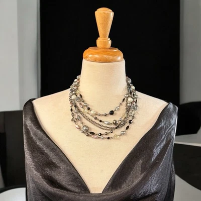 Lia Sophia Multi Strand Statement Necklace – Mixed Beads, Chains, Pearls, Black - Image 1 of 4