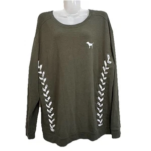 VICTORIA'S SECRET PINK GREEN SIDE LOGO LACE-UP CAMPUS CREW TUNIC PULLOVER Medium - Picture 1 of 10