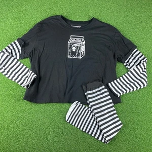 T-shirt manica lunga Y2K Hot Topic nera bianca Twofer Goth Milk Crop taglia 2 - Foto 1 di 5
