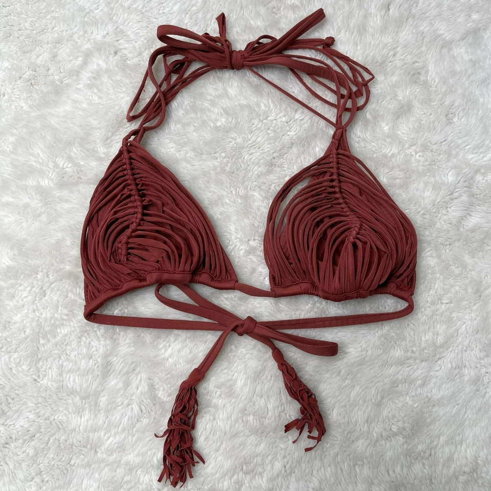 Top de natación de bikini triángulo trenzado isla marrón talla grande PilyQ para mujer Foto 1 de 4