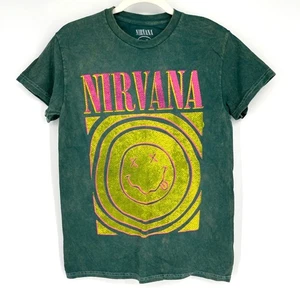 Camiseta con licencia oficial Nirvana Smiley Face verde lavado ácido pequeña - Imagen 1 de 6