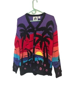 VTG Storybook Knits Tropical Sunset Boat Beach Palm Tree Cardigan Sweater Sz M - Picture 1 of 7