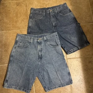 Men's Y2K Vintage Wrangler~Blue Denim Hero Carpenter Jean Shorts Size 34 2 Pair! - Picture 1 of 8