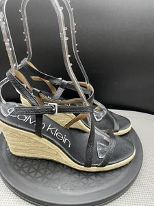 Calvin Klein Wedge Sandals Womens  Size 9  Black Strappy Cross Ankle - Picture 1 of 14