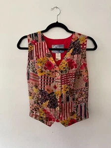 Vintage 1980s Kenzo Jeans Floral Patchwork Vest Medium Red Japan - Picture 1 of 8