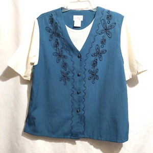 Koret Petite Medium Layered Look Blouse Pullover Beaded Short Sleeve Blue Cream - Picture 1 of 7