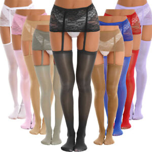 Women's Oil Thigh High Stockings Sexy Lace Garter Belt Sheer Pantyhose Hosiery