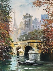 IMPASTO ÖLGEMÄLDE PARIS SZENE BOOT WASSERGEBÄUDE SIGNIERT VOLLLUFT - Bild 1 von 5