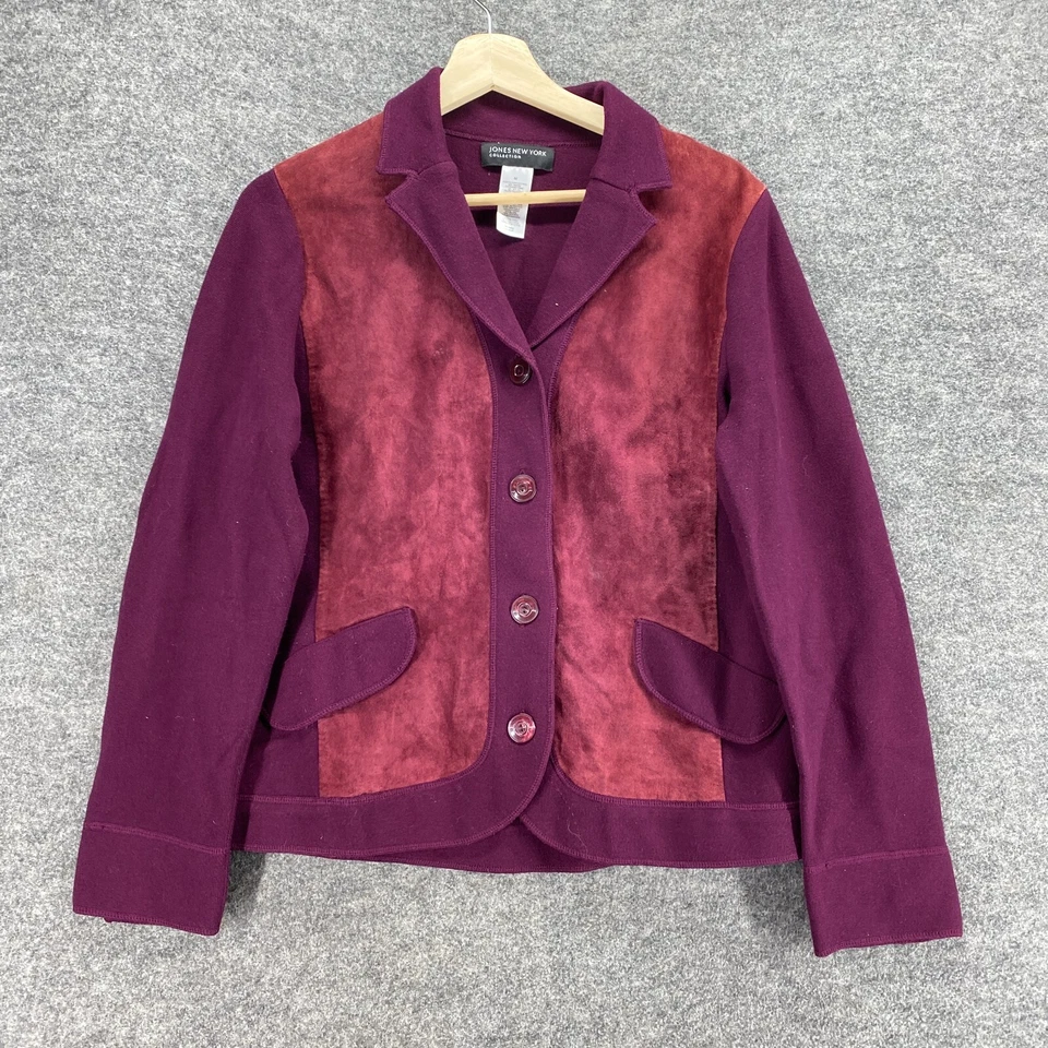 Blazer Jones New York Mujer M Mediano Púrpura Abotonado Cuero Manga Larga Foto 1 de 4