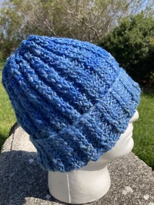 Knitted 100% Handspun Sheep Wool Beanie Blue Size L #223 - Picture 1 of 4