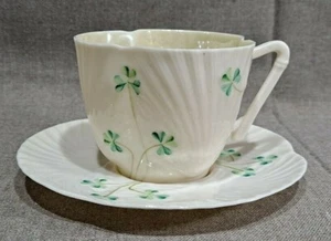 Irish Belleek Harp Handle Shamrock Cup & Saucer - Picture 1 of 9
