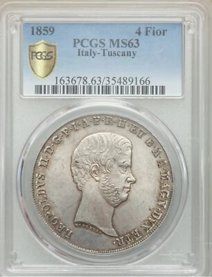 ITALY / ITALIAN STATES  TUSCANY  1859  4 FIORINI SILVER COIN PCGS CERTIFIED MS63 - Image 1 of 2