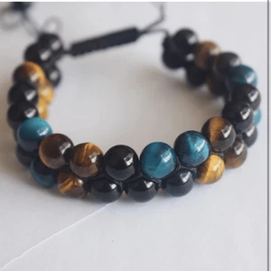 Armband Blau Tigerauge Schwarz Obsidian Hämatit Armband 8mm Perlen Beaded Herren - Bild 1 von 5