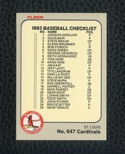 FLEER CHECKLIST 1983 #647 WILLIE MCGEE OZZIE SMITH ROBIN YOUNT PAUL MOLITOR - Imagen 1 de 2