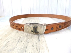 Tony Lama Vintage Tooled Leather Belt Western Brass Buckle Size 30 Brown Women's - Picture 1 of 9