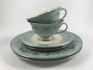 Vtg FRANCISCAN "DEL RIO" 2 CUPS, 2 BREAD PLATES, 2 SALAD PLATES Aqua Platinum - Picture 1 of 7