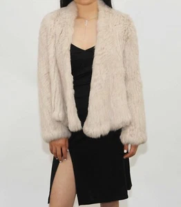 Double Layers Thick Woven Real Rabbit Fur Knit Coat Jacket Size S (6-8) Oatmeal - Picture 1 of 6