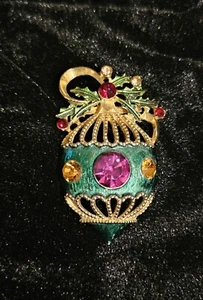 MCM Gold Tone Rhinestone Christmas Ball Holly Bulb Ornament Brooch 2.2" - Picture 1 of 6