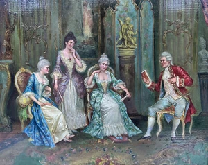 Deutsches Gemälde Öl auf Leinwand 19. Jahrhundert von F. Heinz, Figuren aus der Barockzeit - Bild 1 von 7