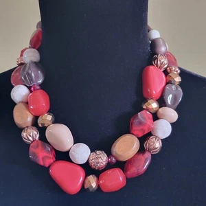 VTG Chunky Bead Necklace Plastic Double Strand Boho Artsy Retro Fashion Costume - Picture 1 of 7