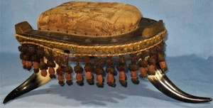 ANTIQUE HORN FURNITURE HORSE SHOE SHAPED FOOT STOOL VICTORIAN TAPESTRY FRINGE - Picture 1 of 11