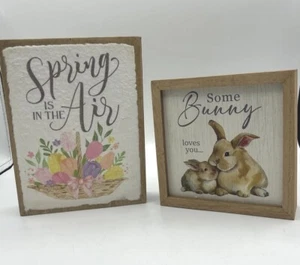 Set of 2 Wooden Tabletop Decor Spring Is In The Air & Some Bunny Loves You... - Picture 1 of 8