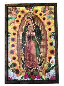 Virgen De Guadalupe Image Con Girasoles 36"x24" Cuadro Rustico Madera, Nuevo - Picture 1 of 2