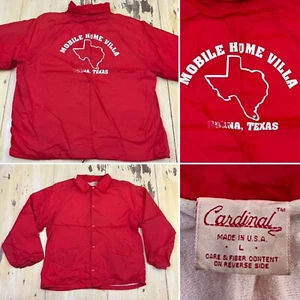 MOBILE HOME VILLA - Vtg 80s-90s Donna TX Red Nylon Snap Coach Jacket, Mens LARGE - Picture 1 of 18