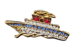 Red White Blue Rhinestone Gold Tone Cruise Ship Boat Travel Vacation Pin - Picture 1 of 7