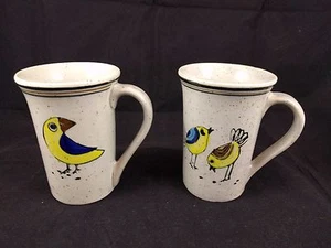 Stoneware Mugs set 2 blue & yellow birds cups - Picture 1 of 4