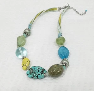 Boho SW Chunky Olive Sage Aqua & Yellow Howlite Chunky Bead Multi Cord Necklace - Picture 1 of 5