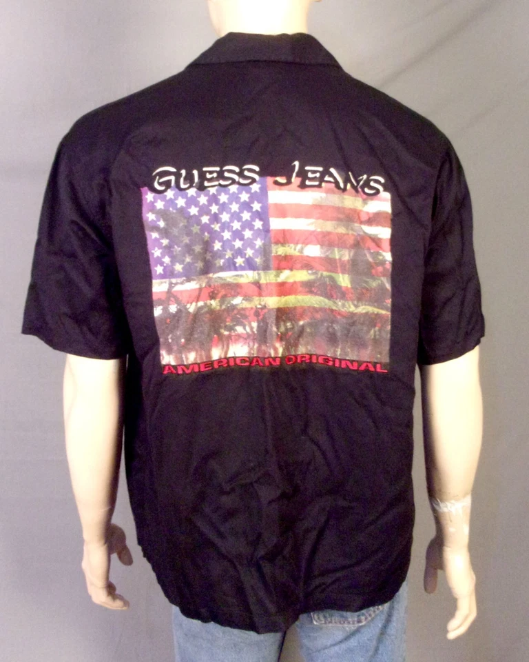 vintage EUC Guess Jeans Rayon Loop Collar Shirt USA Flag Spell Out sz L - Image 1 of 4