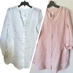 NWT Linen Sigrid Olsen Front button White/Blush Tunic Sz S and L - Picture 1 of 10