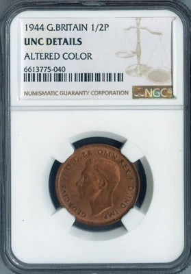 1944 Great Britain Half Penny 1/2P NGC UNC DETAIL - Image 1 of 2