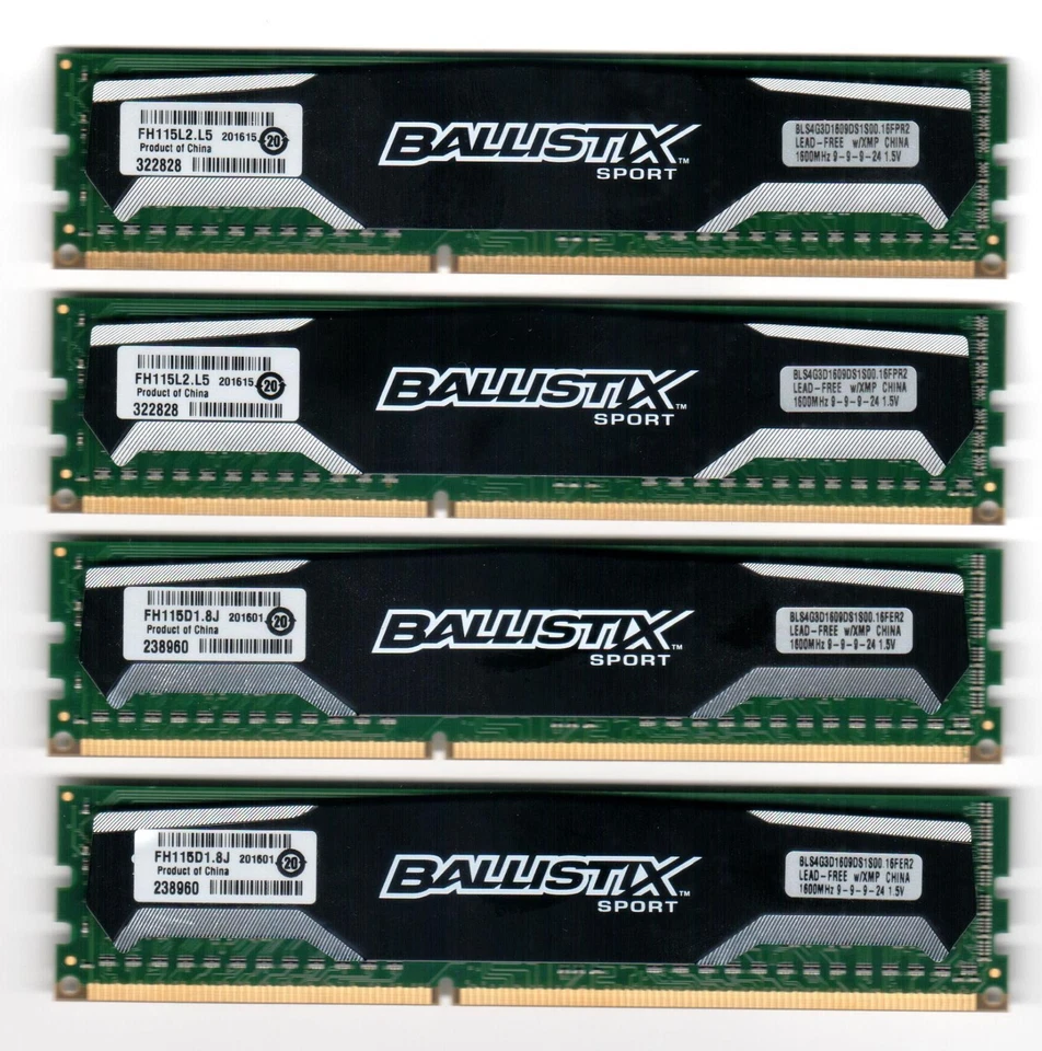 COMPUTER MEMORY - BALLISTIX SPORT 1600MHz 1.5V BLS4G3D1609DS1S00.16FER2 [4 PCS] - Image 1 of 2