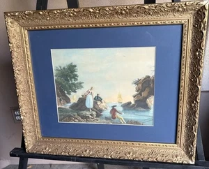 Helman Farbradierung Französisch 1700er "Der glückliche Fischer" Goldrahmen 24x20 - Bild 1 von 9