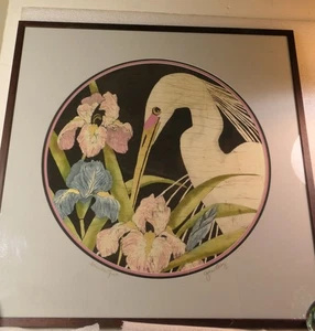 KÜNSTLER JOAN GRAU BATIK GEMÄLDE ORIGINAL MITTLERER WESTEN TITEL IRIS MIT REIHER - Bild 1 von 8