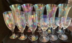 Vintage Iridescent Rainbow Parfait 5Wine Glasses,Small Flute,Cordial 12 Pc Set - Picture 1 of 7
