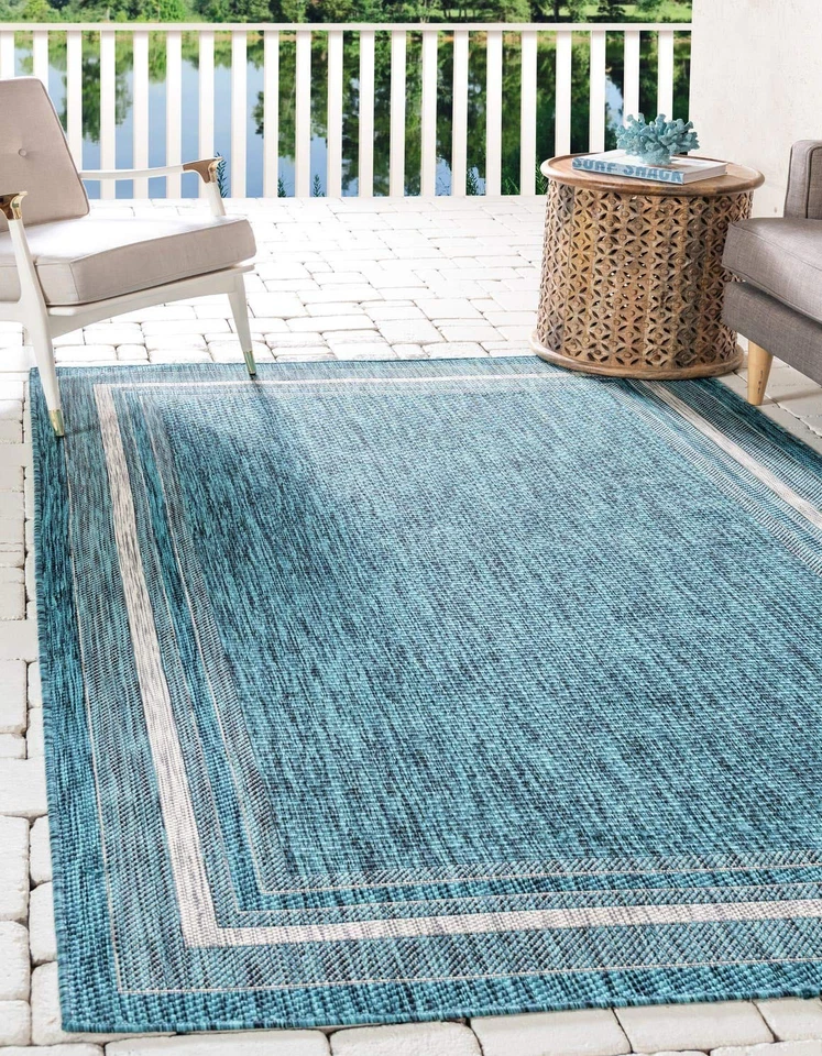 Outdoor Border Collection Area Rug - Soft Border (8'x 11' 4" Rectangle, Teal/... - Image 1 of 4