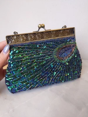 Bolsa de mão estilo art déco vintage com miçangas de pavão bolsa de mão - Imagem 1 de 4