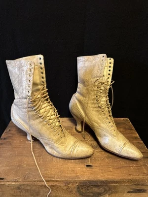Antique Beige Ladies Leather Red Cross Victorian Lace Up Boots Collectible - Image 1 of 4
