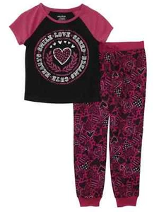 Girls Black & Pink Smile Love Sleep Pajamas Lightweight Heart Sleep Set - Picture 1 of 1