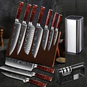 12PC Red Japanese Kitchen Knives Laser Damascus Pattern Chef Knife Set - Picture 1 of 20
