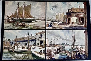 JORDAN GRANT 1930~SET DI 4 STAMPE AD ACQUERELLO~ VILLAGGIO DI PESCATORI DEL MAINE~9x12" - Foto 1 di 7