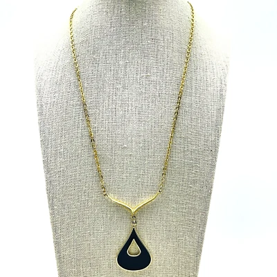 Vintage Gold Tone Pendant Necklace Teardrop Black White Enamel Reversible - Image 1 of 4