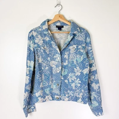 Chaqueta Charter Club Mujer Vintage 100% Lino Talla Mediana Azul Blanco Floral  Foto 1 de 4